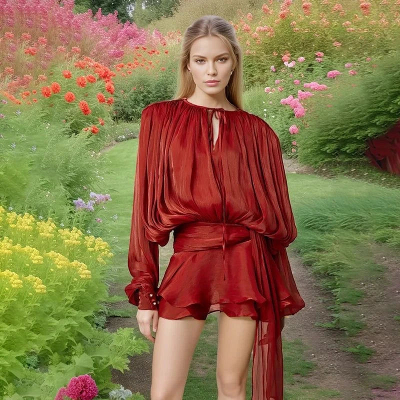 Long sleeve Draped Ruffle two piece dress